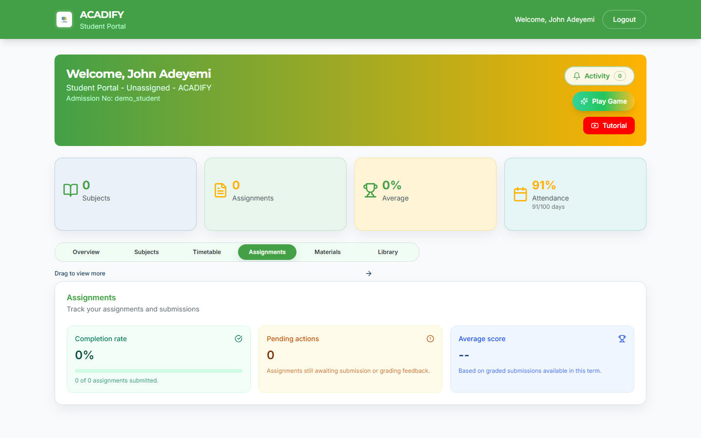 Acadify features screen